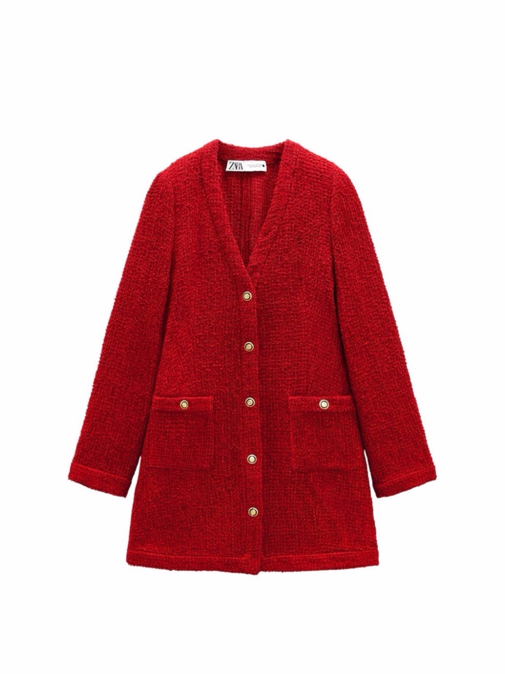 Zara Red Bouclé Button-Front dress with Gold Buttons